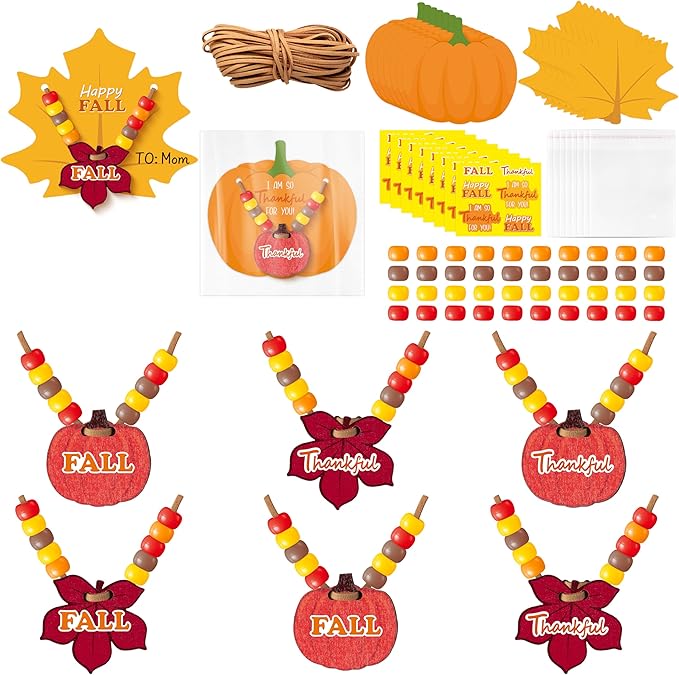 BeYumi Fall Necklace Craft Kit - 24Pcs DIY Thankful Pumpkin Maple Leaves Wooden Pendant Necklace Making with Greeting Card Thanksgiving Gratitude Beads Kit Autumn School Classroom Party Favor