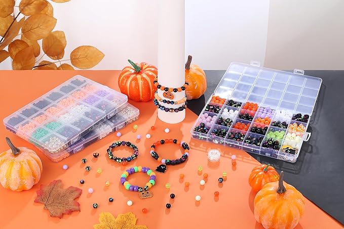 Halloween Beads for Friendship Bracelet Kit,400+ Pcs Halloween Glass Beads and Black Letter Bracelet Making Kit, DIY Crafts for Party