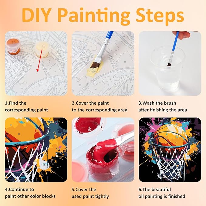 Paint by Numbers Kit for Kids with Frame, Basketball Paint by Numbers for Kids Ages 4-8-12, DIY Basketball Acrylic Oil Painting for Home Wall Art Decor Gift 7.8x7.8 inch (with Frame Easel)