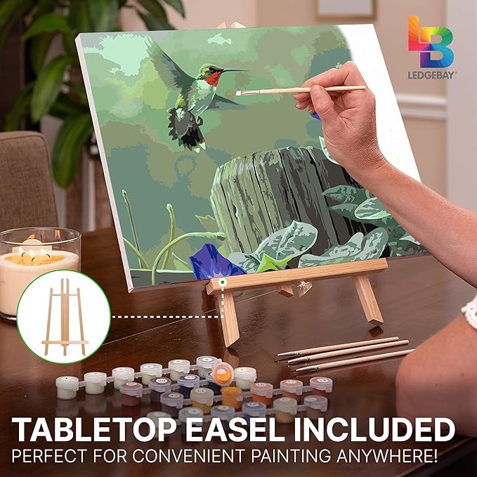 Ledgebay DIY Paint by Numbers Kit for Adults Framed Canvas Beginner to Advanced Paint by Numbers Kit, Kits Include Acrylic Paint Set, Brushes & Tabletop Easel (Hummingbird 12" x 16" Framed)