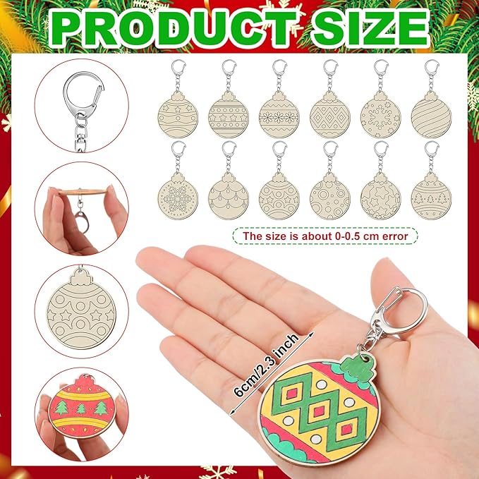 Trnayi 36 Pcs Christmas Ball Crafts Wooden Color Your Own Keychains Unfinished Slices Keychain for Christmas Painting DIY Arts Crafts Holiday Project