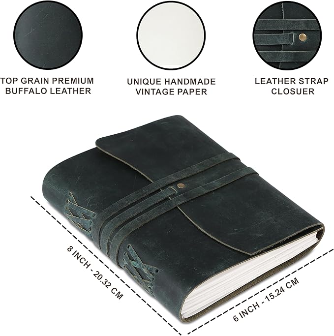 KomalC Handmade Leather Journal 8x6 Inch | Blue Vintage Notebook with Unlined Pages | Antique Travel Diary, Writing Sketchbook for Men & Women
