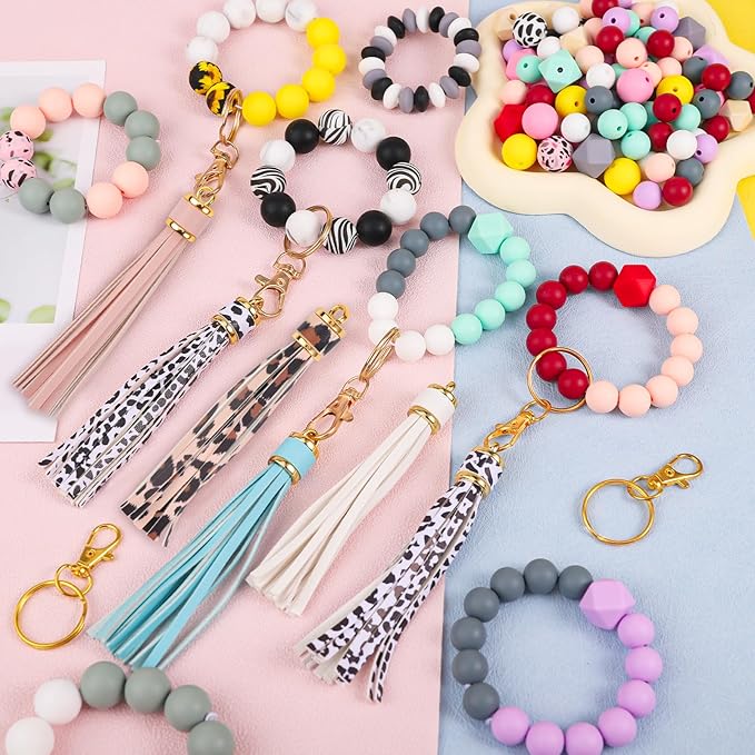 CZWZ 141pcs Silicone Beads for Keychain Making Kit 15mm 12mm Round 14mm Polygonal Silicone Loose Beads Bulk for Pens Bracelet Necklace Crafts Making