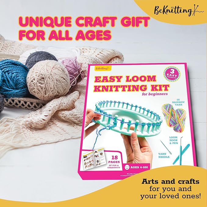 BeKnitting Loom Kit - Beginner Learn to Knit Hat, Bag and Headband for Kids & Adults | DIY Arts & Crafts w/Round Loom, Yarn, Crochet Hook, & Pen | Weaving | Holiday Gifts, Gift-Ready Box