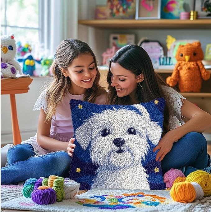 DIY Latch Hook Pillow Kits for Adults Cute Maltese Dog Printed Pillowcase Crochet Yarns Hooking Handmade Pillow Cover Cushion for Home Sofa Decor 17x17inch(6)