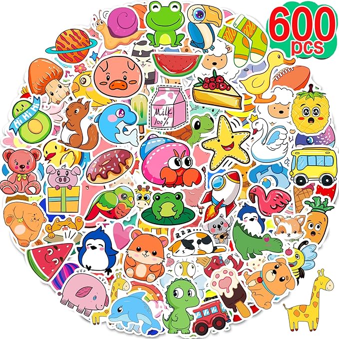 apakkai 600 pcs cute stickers for kids, water bottle stickers for teens, kawaii vinyl phone laptop skateboard animal waterproof sticker, bulk aesthetic sticker packs for boys girls teacher