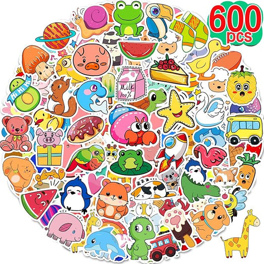 apakkai 600 pcs cute stickers for kids, water bottle stickers for teens, kawaii vinyl phone laptop skateboard animal waterproof sticker, bulk aesthetic sticker packs for boys girls teacher