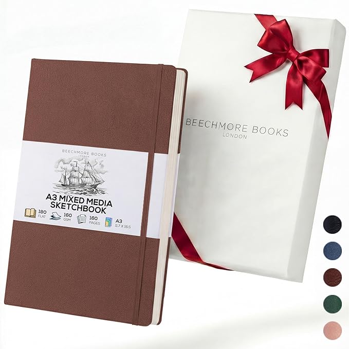 Beechmore Books A3 Mixed Media Sketchbook - 11.7x16.5 Extra Large Professional Studio Drawing Pad, 160 GSM / 98 lb Perforated Ivory Paper, Hardcover Lay-Flat Design, Gift Box for Artists & Watercolor