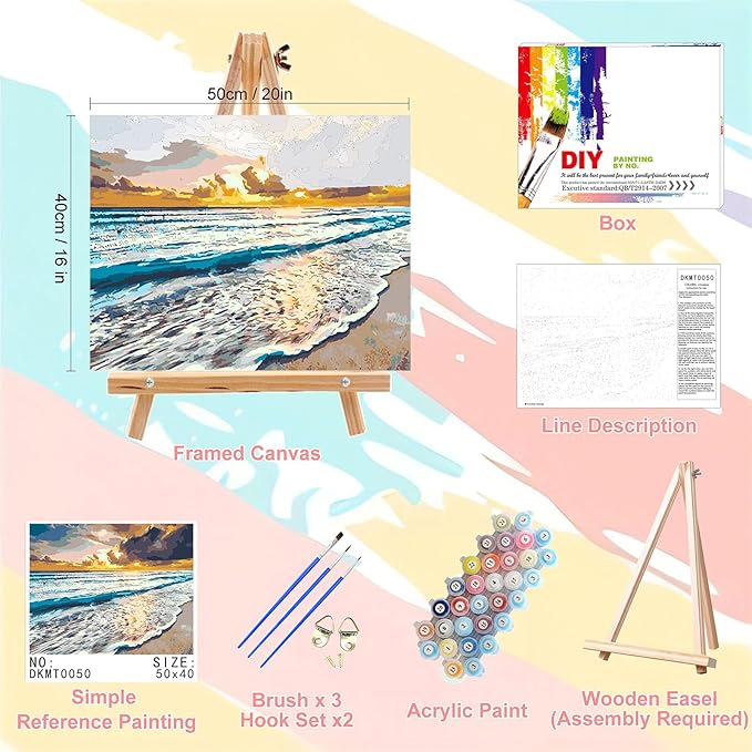 Beach Paint by Numbers for Adults with Framed Canvas-with Wooden Easel,Landscape Paint by Number on Canvas,DIY Acrylic Oil Painting Kits with Brushes Nice Gift Box for Home Wall Decor(16x20inch)