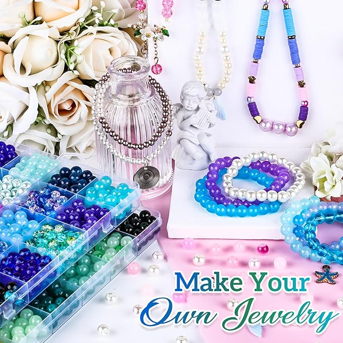 XSEINO About 1200PCS 8mm Glass Beads Bracelet Making Kit,48 Assorted Dreamy Blue Ocean and Green Series Colorful Crystal Beads for Making and DIY Crafts