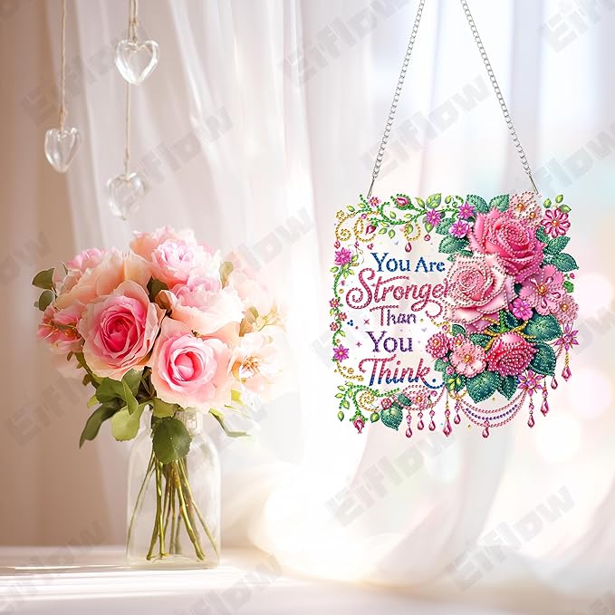 Eiflow Acrylic Diamond Art Hanging Kit for Adults, DIY Diamonds Painting Door Hanger Board Kit, Special Crystal Diamond Art Painting Pendant Ornament (Inspirational Phrase)
