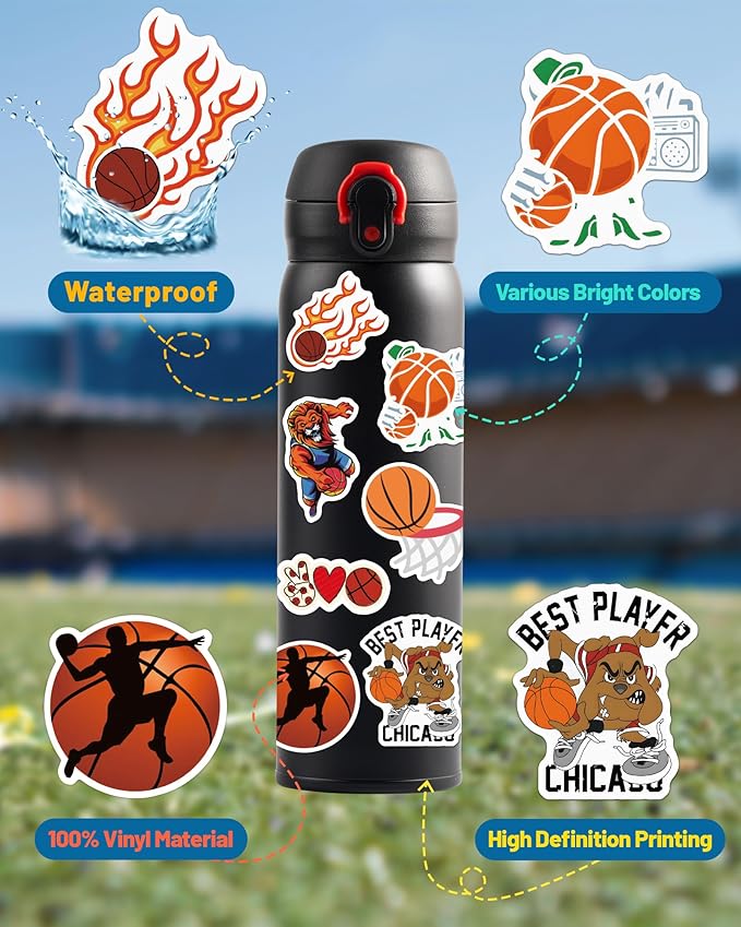 pcnearty 100 pcs sport stickers for kids, basketball water bottle stickers, vinyl waterproof laptop sticker for water bottle, bulk sticker packs for boys kids classroom prizes for elementary students