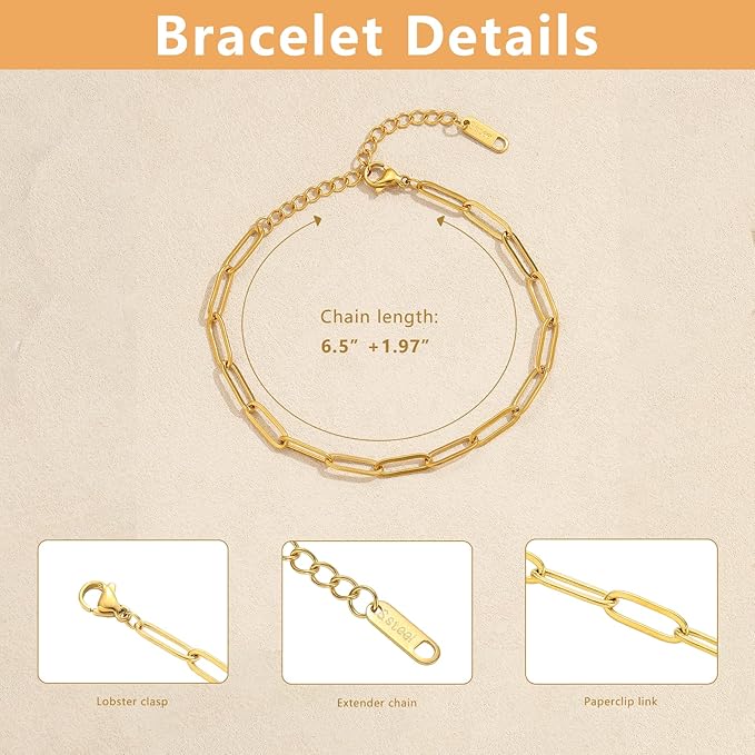 Swyabi 10 PCS Stainless Steel Bracelet Chains for Jewelry Making 6.5Inch Gold Plated Paperclip Chain Bulk with Extender