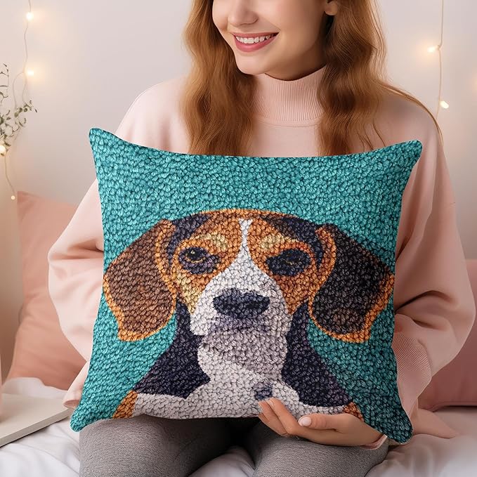 Generic Animal Dog Beagle Latch Hook Pillow Kit for Adults with Printed Canvas DIY Crochet Yarn Throw Pillow Cover Needle Craft Handmade Cushion for Home Sofa Decor 43x43cm, As Main Picture