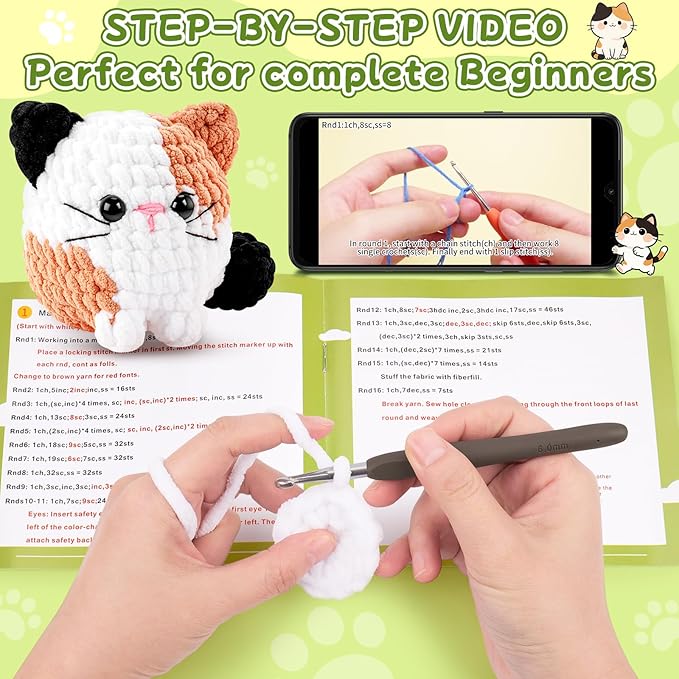 Cat Crochet Kit for Beginners-Calico Cat Crochet Kits for Adults Kids, Crochet Starter Kit with Step-by-Step Video Tutorials,Crochet Animal Kits Learn to Crochet Kits for Adults Kids