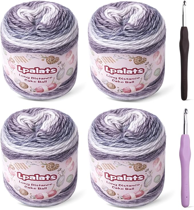Ombre Yarn for Crocheting - 4x100g Soft 60% Cotton 40% Acrylic Yarn - 962 Yds Gradient Cake Yarns for Knitting Shawls Blankets Sweater with 2 Crochet Hooks (4, Deep Purple Gradient)