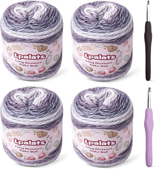 Ombre Yarn for Crocheting - 4x100g Soft 60% Cotton 40% Acrylic Yarn - 962 Yds Gradient Cake Yarns for Knitting Shawls Blankets Sweater with 2 Crochet Hooks (4, Deep Purple Gradient)