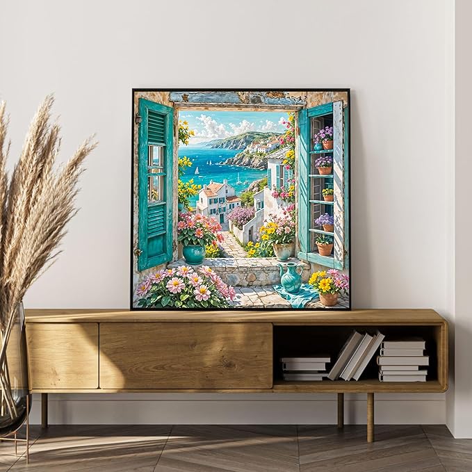 Paint by Numbers Kit for Adults Beginner Seaside Scenery, Adult Paint by Number Kits on Canvas, Window Landscape DIY Acrylic Oil Painting by Numbers for Adults, Perfect for Home Wall Decor 16X16 Inch