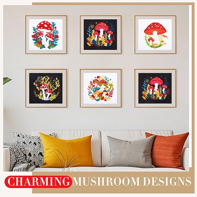 Juexica 6 Sets Mushroom Cross Stitch Kits for Beginners Mushroom DIY Embroidery Kits with Pattern and Instructions, 2 Embroidery Hoops, 6 Needles, Needle Threader, Threads Needlepoint Kits for Adults