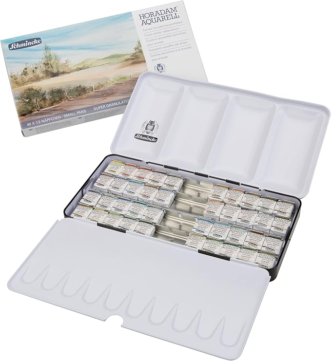 Schmincke - HORADAM® AQUARELL, Super Granulation Set Complete Assortment, 40 x Half Pans, 74 440 097, Metal Box, Very Strong granulating Watercolors