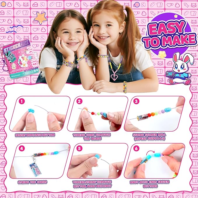 plunack diy bracelet sticker with book, includes 480pcs wearable & shareable stickers, kids beading set bracelet necklace making kits for ages 5 6 7 8 years old girls (480 stickers+collection book)