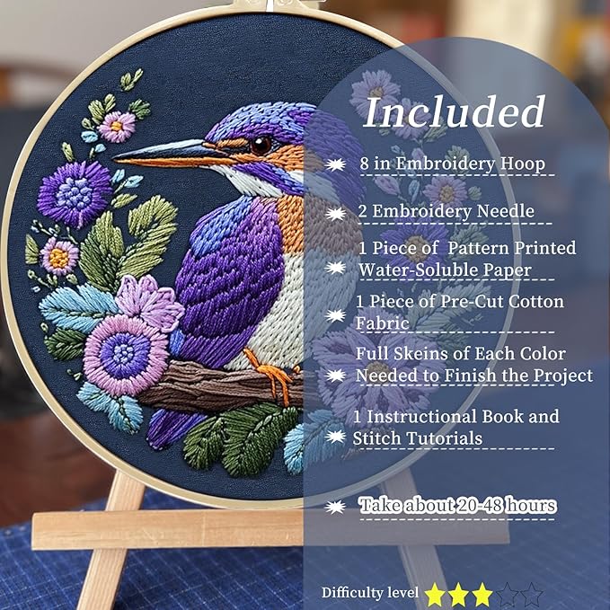 fonnuy embroidery kit for beginners, birds with flowers pre-stamped pattern kits for adults with hoop, easy to follow color thread needlework, 8'' hoop (purple 2)