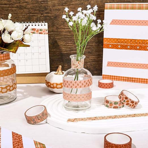 Whaline 12 Rolls Fall Pumpkin Washi Tape Autumn Leaves Boho Washi Masking Tape Thanksgiving Pumpkin Maple Leaf Print Decorative Craft Tape for Fall Scrapbook Gift Wrapping DIY Art Crafts, 16.4Ft