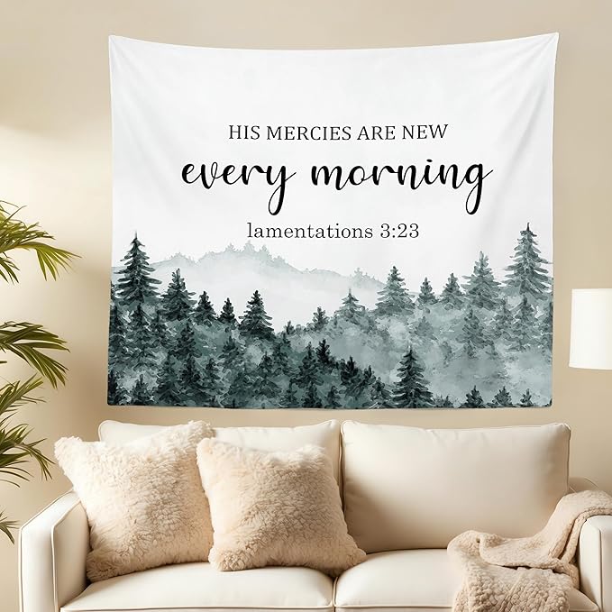 MNASAIOO Christian Mountian Wall Tapestry Hanging for Bedroom, Bible Verse Scripture His Mercies Are New Every Morning Tapestries, Watercolor Wall Decor Banner for Living Prayer Room Church 50x60in