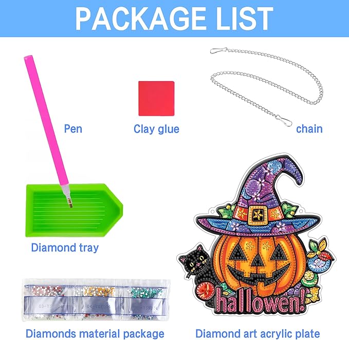 VAIIEYO Halloween Diamond Art Hanging Ornament, Black Cat Pumpkin Diamond Painting Suncatchers Window Hanging Kit with Chain, 7.5x7.5 inch Pendant Art Craft for Gift Home Wall Front Door Decoration
