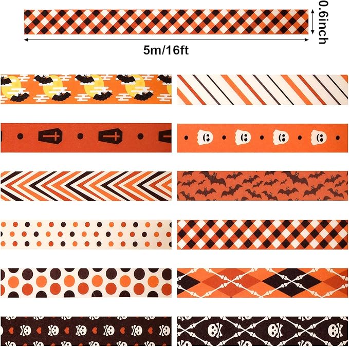12 Rolls Washi Tape with Bat Ghost Bones Patterns - DIY Halloween Tape Wrappings Kits for Festivals & Decorations