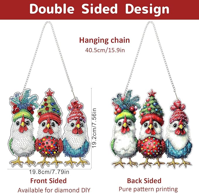 Genius maker Christmas Diamond Art Hanging Kits for Adults, Chicken Diamond Painting Pendant Kits, DIY Acrylic 5D Special Shaped Crystal Diamonds Gem Art Painting Ornament for Home Wall Decor Gift