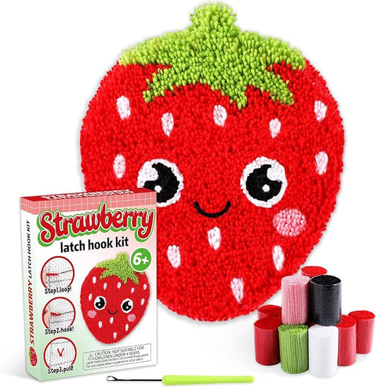 Strawberry Latch Hook Mini Rug Kit Strawberry DIY Valentine Craft for Kids Adults Beginner Making Your Own Crochet Carpet Printed Canvas Yarn Rug Hooking Kit Cross Sewing Christmas Gift for Home Decor