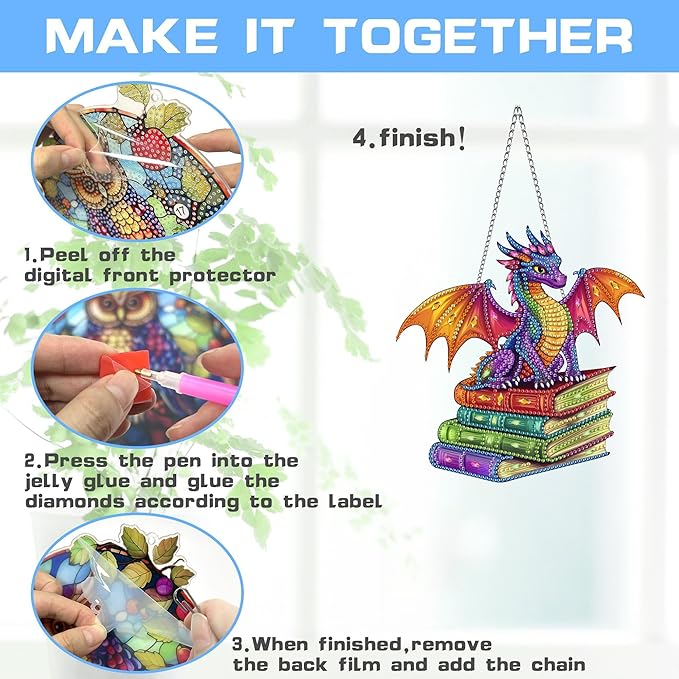 VAIIEYO Dragon Diamond Art Hanging Ornament, Animal Diamond Painting Suncatchers Window Hanging Kit with Chain, 7.5x7.5 inch Crystal Pendant Art Craft for Gift Home Wall Front Door Decoration