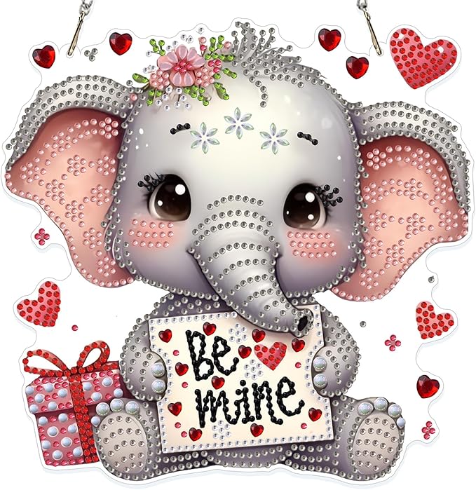 GHHKUD Cute Elephant Diamond Art Hanging Kit for Adults, DIY Double Sided Diamond Painting Hanging Valentines Kits Adults, Special Shaped Acrylic Ornaments Pendants for Window Home Garden Wall