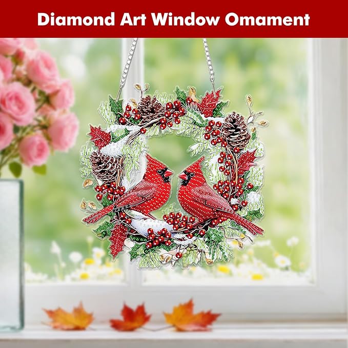 Miwixy Christmas Hanging Diamond Art Kits for Adults,Cardinal Special Shaped Crystal Birds Diamond Painting Ornament Kit DIY Double-Sided Pattern Window Pendant Gem Art Kit for Home Wall Decor