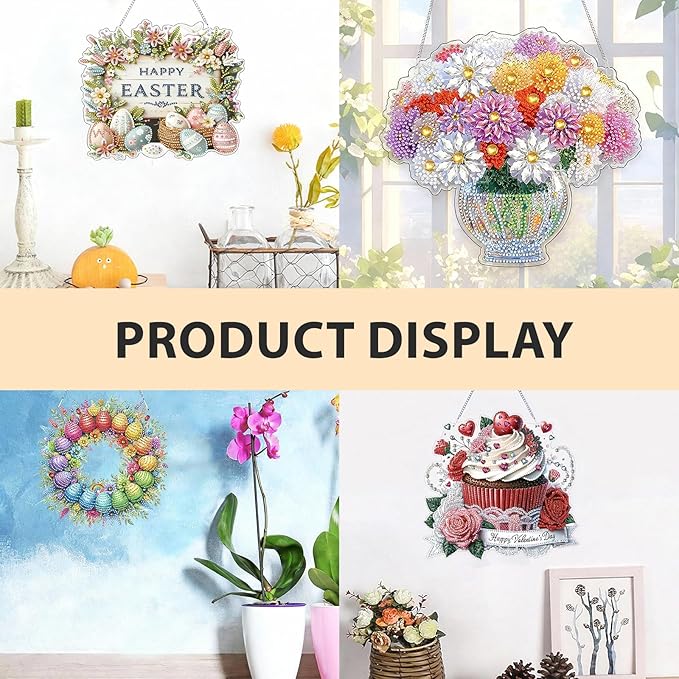 IASINN Easter Egg Wreath Diamond Painting Pendant 5D Diamond Art Painting Kits for Adults Beginners, Special Shape Crystal Diamond Crafts Ornament Hanging Sign for Happy Easter Home Wall Window