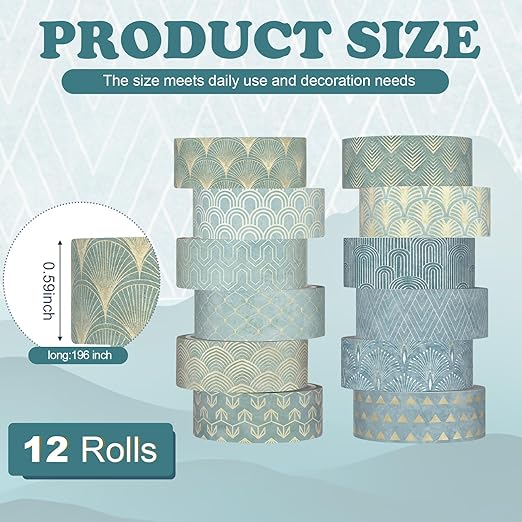 12 Rolls Watercolor Floral Washi Tape Set 15 mm Vintage Flower Decorative Masking Tape for Spring Arts DIY Craft Scrapbook Journal Supplies Gift Wrapping(Teal Color,Art Deco)