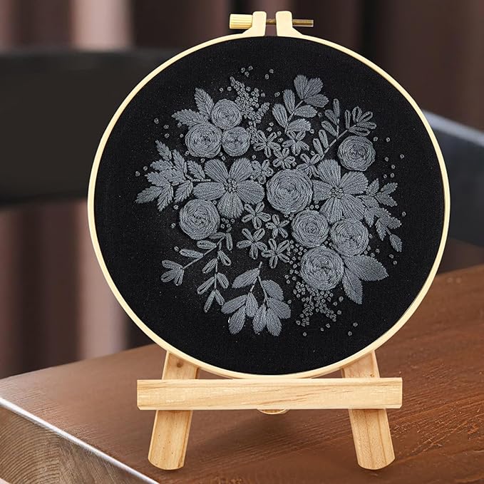 Crafmanoe Embroidery Kits for Beginners Adults, Black Flowers Embroidery Starter Kits, Counted Cross Stitch Kits for Beginners Adults Hobbies Set for Women, Embroidery Hoops, Thread and Video Tutorial