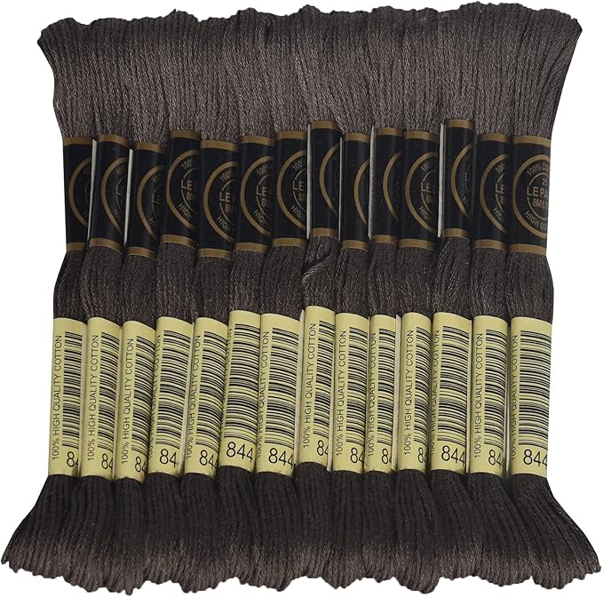LE PAON Embroidery Floss, 14-Pack Six Strands 100% Long Staple Cotton Embroidery Thread, 8.7-Yard，Color Number：844, Ultra Dark Beaver Grey