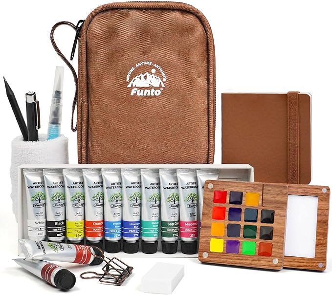 Funto Mini Watercolor Travel Set, 12-Color Refillable Travel Art Kit, All-in-One Mini Paint Supplies with Bag, Art Craft for All, Portable Water Color Paint for Beginners, lovers and Artists