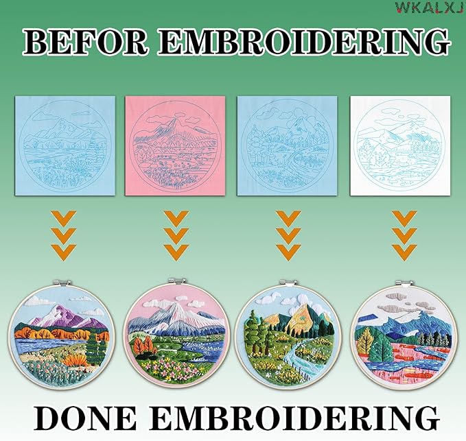 WKALXJ 4 Sets Embroidery Kits for Beginners to Advanced, Floral Cross Stitch Set, Needle Point Kits with Flower Stamped Patterns for Craft Lover Needlepoint Kits (Advanced Landscape)