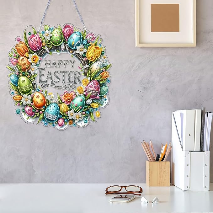 VODAPYC Easter Wreath Diamond Art Hanging Kits for Adults, DIY Double Sided Partial Special Shaped Diamond Art Window Pendant Ornament(Happy Easter Wreath)