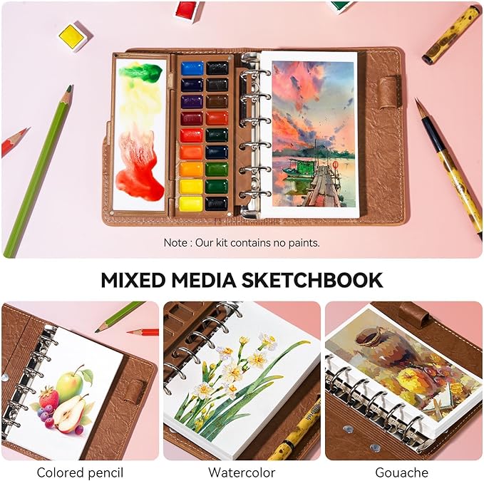 Portable Watercolor Sketchbook Set - 100% Cotton 5.1x3.0 Inch Cold Press 20 Sheets Binder Art Journal with 18-Well Ceramic Paint Palette & Travel Watercolor Brushes for Artists Outdoor Painting