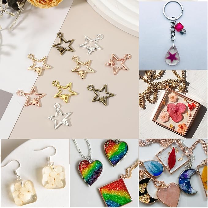 uxcell 100Pcs Alloy Open Bezel Pendants, Star Open Back Hollow Frame Pendant Geometric for Resin Jewelry Making Earrings Necklace Bracelet DIY, Ancient Bronze