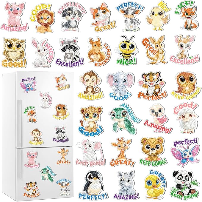 Xuhal 30 Pcs Inspirational Diamond Painting Magnets Motivational Animal Diamond Art Magnets Kits for Adults Positive Animal 5d Rhinestone Refrigerator Magnetic Sticker for DIY Craft Fridge Gifts