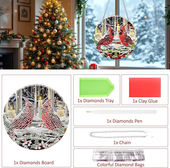 SENQAO Christmas Diamond Art Hanging Kits for Adults, Cardinal Diamond Art Suncatchers, 5D Special Shape Diamond Painting Pendant Window Ornament Gifts for Home Door Wall Decor