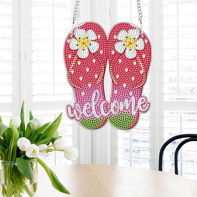 AiYuanzsh Welcome Flip Flops Diamond Painting Hanging Sign – 5D DIY Summer Door or Wall Decor Kit with Flowers – Colorful Rhinestone Craft Ornament with Tools