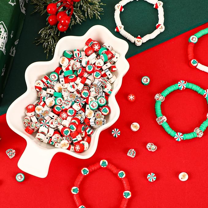 Augshy Christmas Polymer Clay Beads, 300PCS Xmas Heishi Spacer Assorted Santa Claus Snowflakes Snowman Gingerbread Man for Bracelet Necklace Jewelry Making