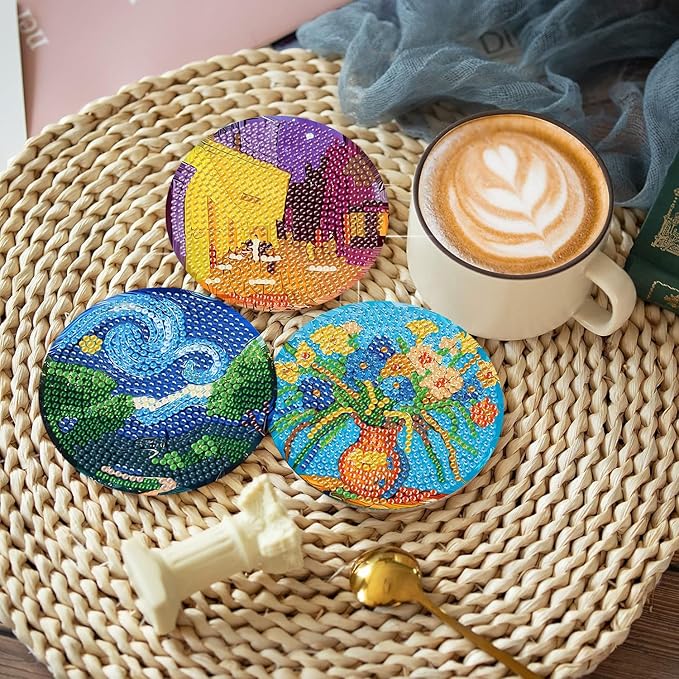 8 Pcs Diamond Art Coasters Kit with Holder, DIY Famous-Painting Diamond Painting Coasters for Beginners Adults, Non Slip Diamond Art Kits Craft Supplies 4x4inch