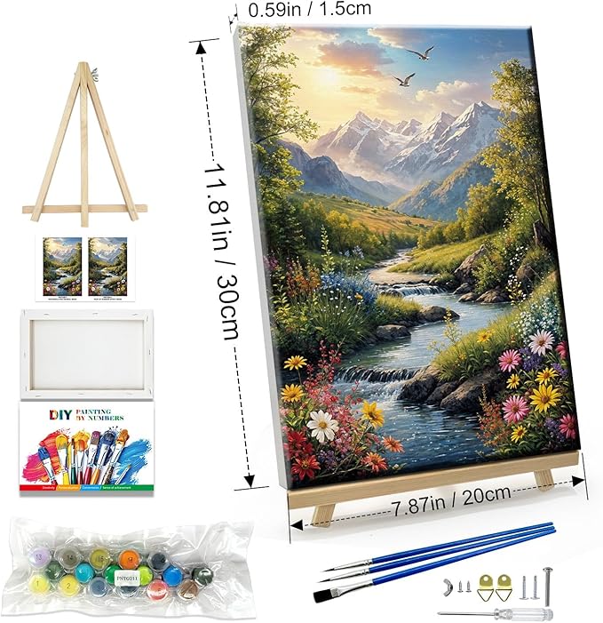 JOOZ Mountain Paint by Numbers for Adults with Easel Landscape Sunsets Paint by Numbers for Adults Beginners with Frame on Canvas，DIY Oil Painting on Acrylic for Home Wall Art Decor 7.87x11.81 Inch